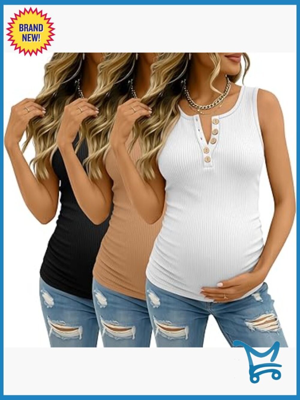 3 Pack Maternity Tank Tops Ribbed Cotton Sleeveless Henley Side Ruched Basic
